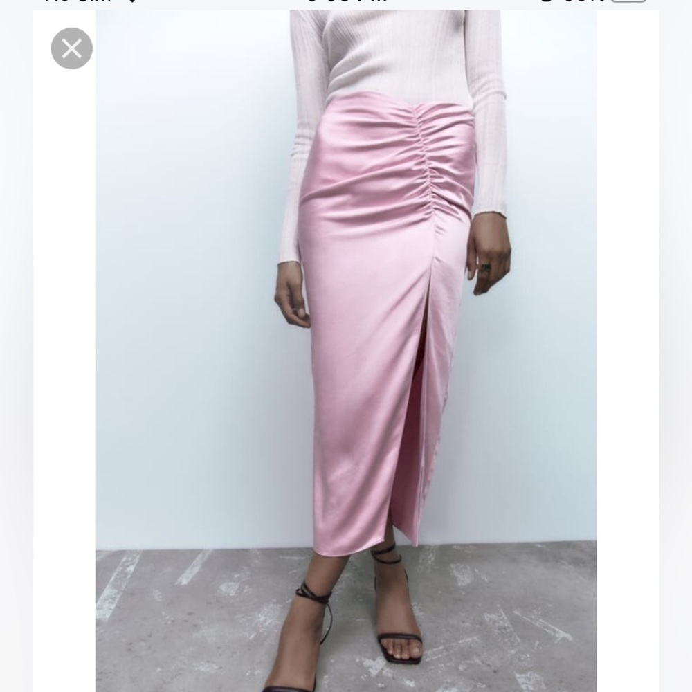 ZARA NWT PINK Satin Ruched Side-Slit Midi Skirt SIZE LARGE